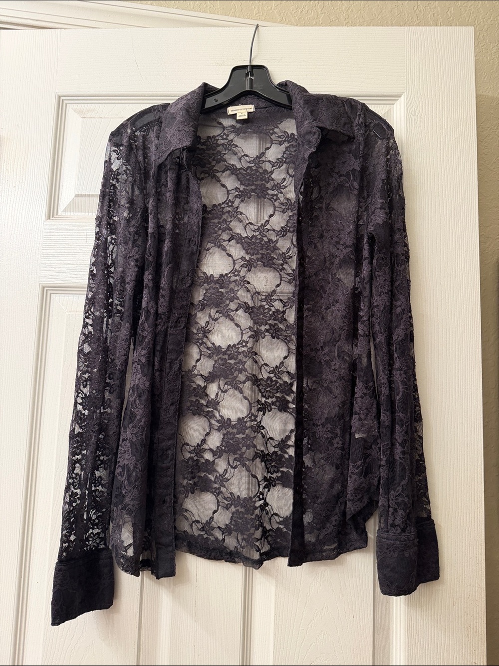 Zenana Outfitters Dark Gray Lace Button-Front Sheer Shirt Jacket
